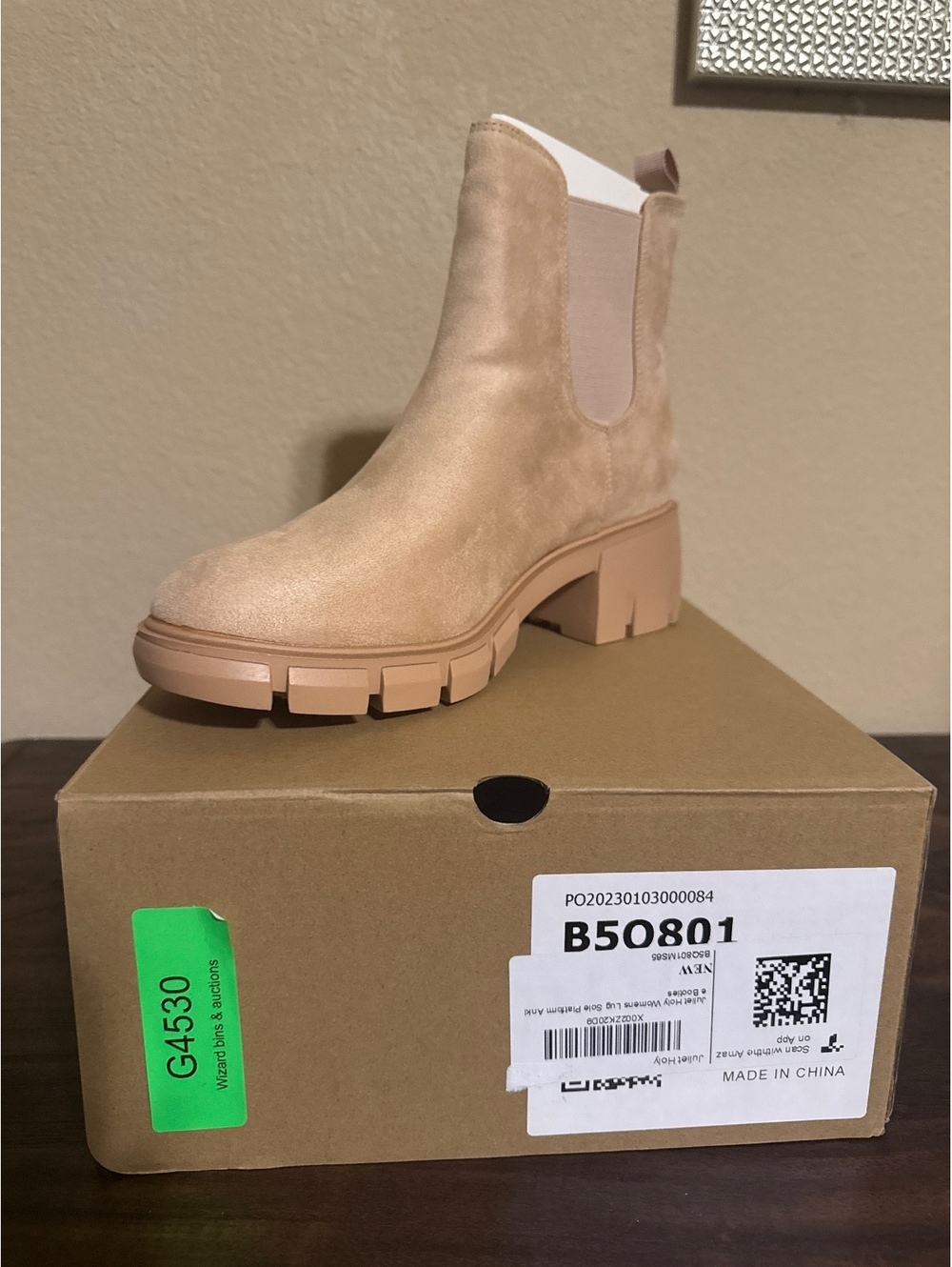 61/2 Juliet Holy Women's Lug Sole Platform Ankle Boots in Beige Suede